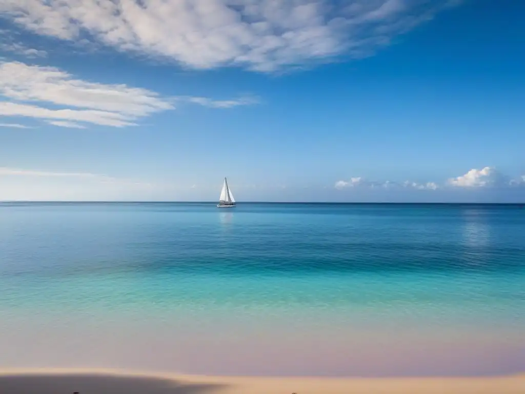 Turismo sostenible sector marítimo: Playa prístina con aguas cristalinas y un velero en el horizonte, bajo un cielo despejado