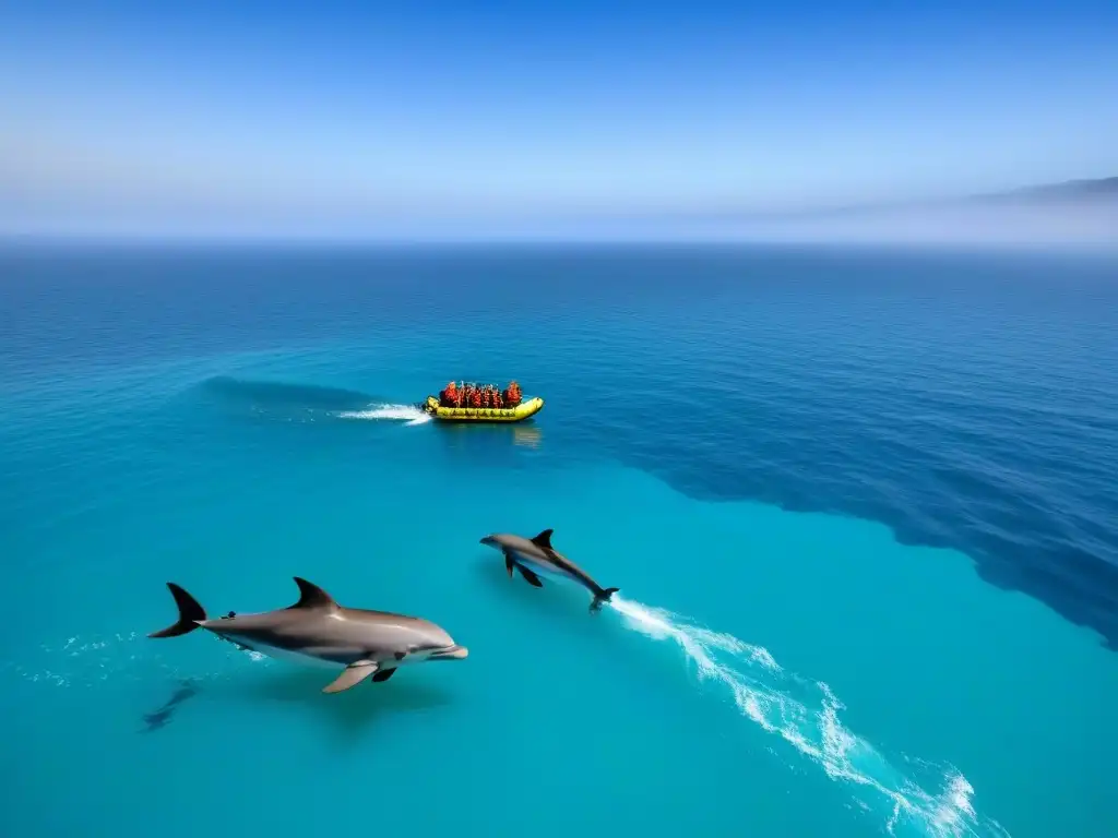 Turistas en pequeña embarcación observando delfines en aguas turquesas