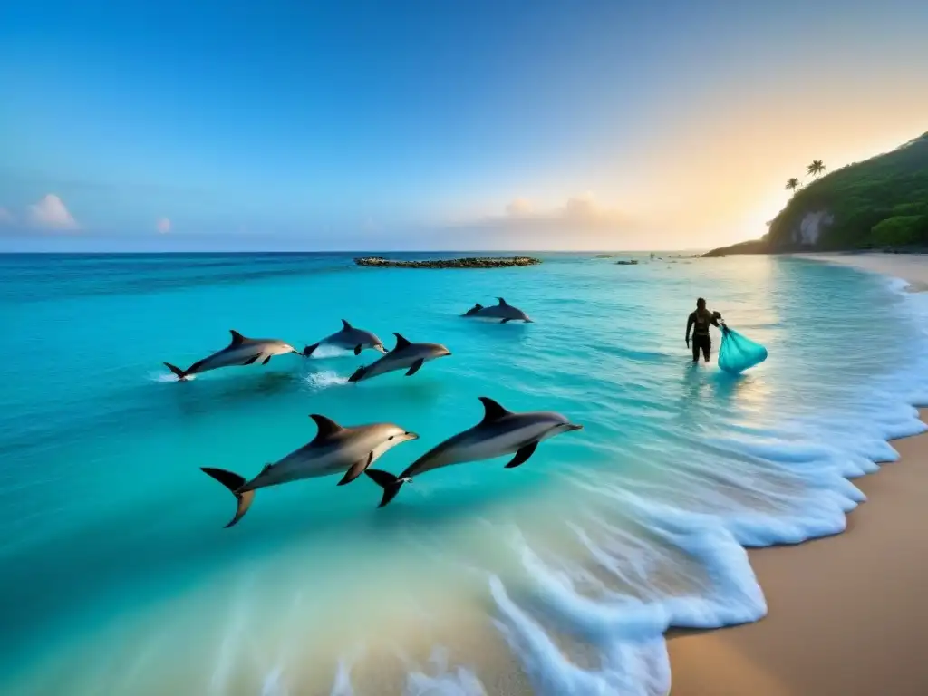 Turistas participando en limpieza de playa al atardecer, con delfines al fondo