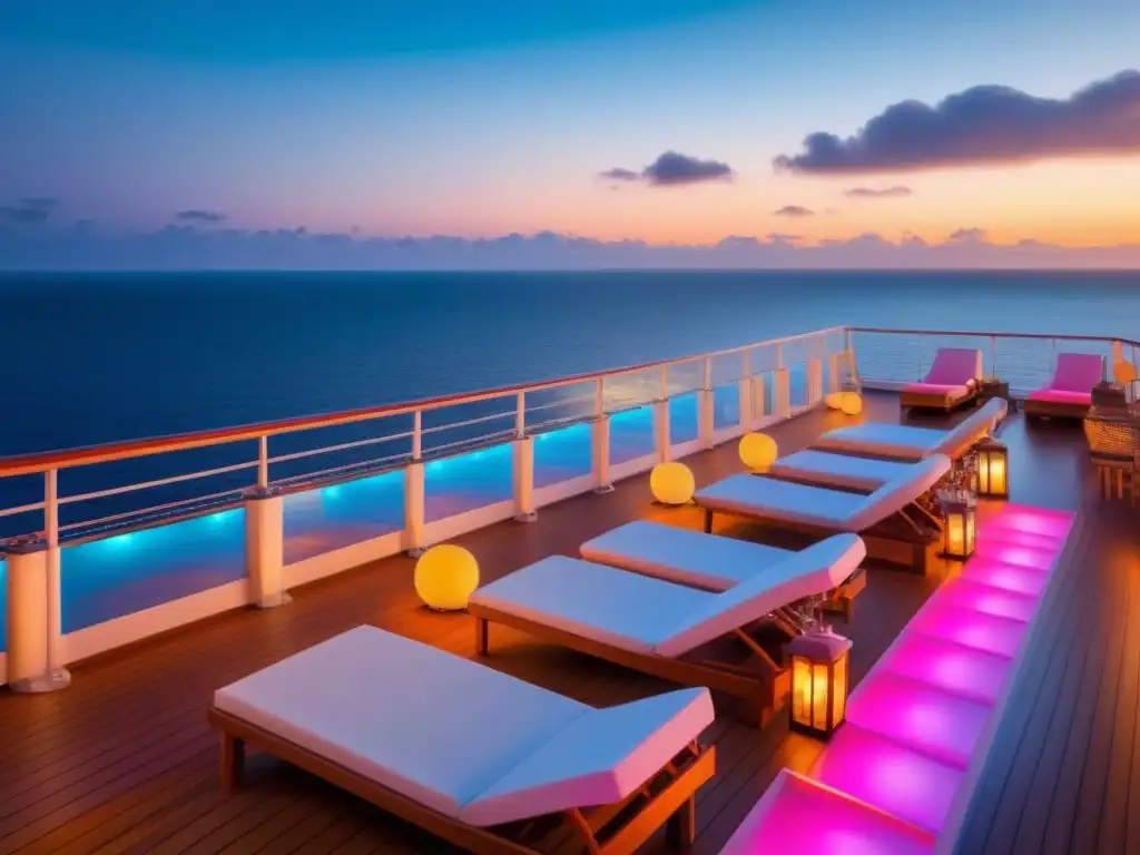 Vacaciones en crucero para famosos: Deck lujoso al atardecer, con celebridades y vista al mar