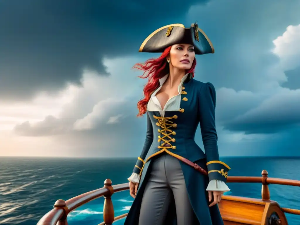 La valiente Anne Bonny en el barco pirata, bajo un cielo dramático