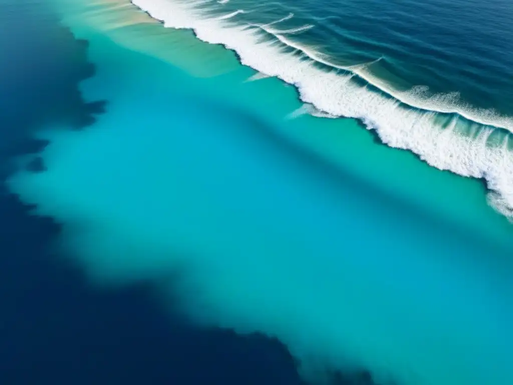 Variaciones de color del agua en el mar desde vista aérea, mostrando tonos azules y turquesas en la costa