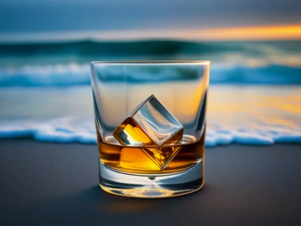 Un vaso de whisky en la playa al atardecer con hielo y olas