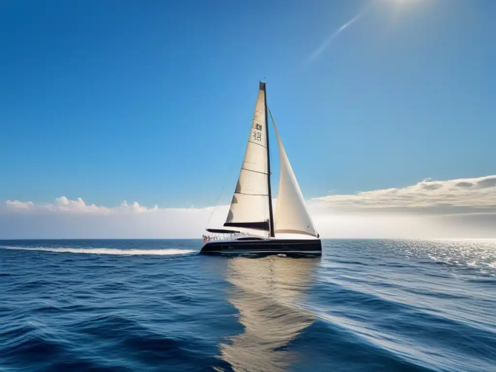 Propulsión a vela en cruceros: Velero elegante surcando el mar en calma bajo un cielo azul, transmitiendo tranquilidad y sostenibilidad