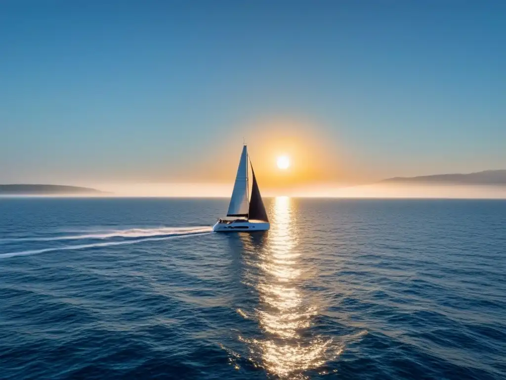 Vela elegante deslizándose en aguas azules al atardecer