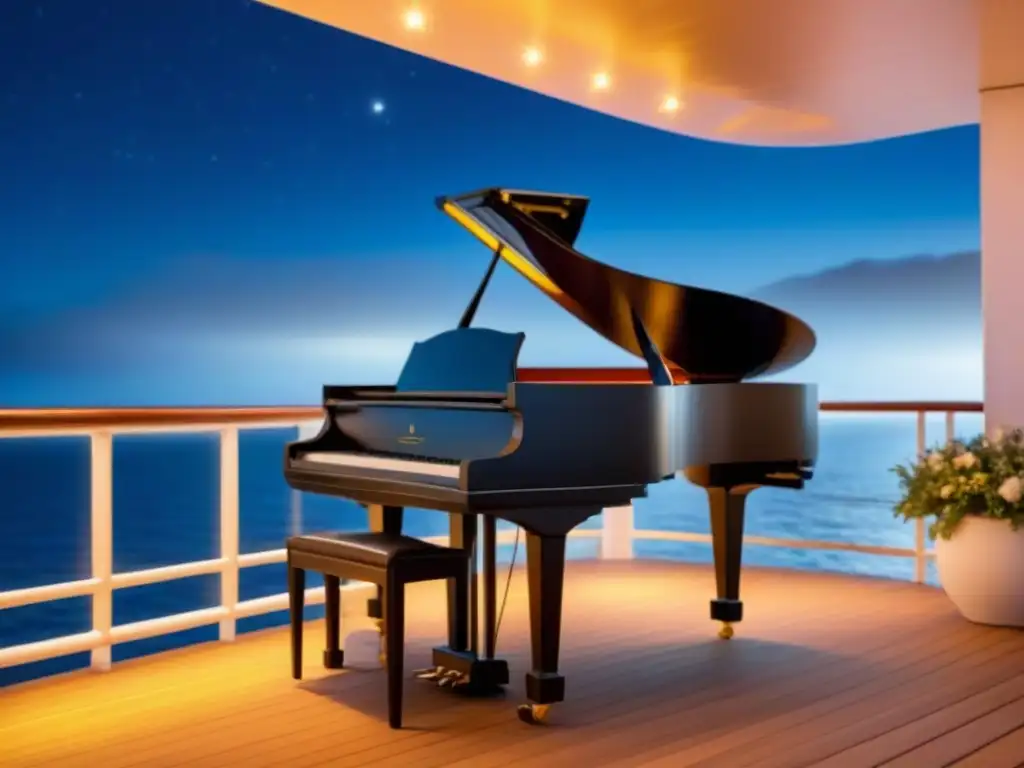 Veladas musicales en cruceros: un piano negro bajo un cielo estrellado en un lujoso barco, con un músico de jazz