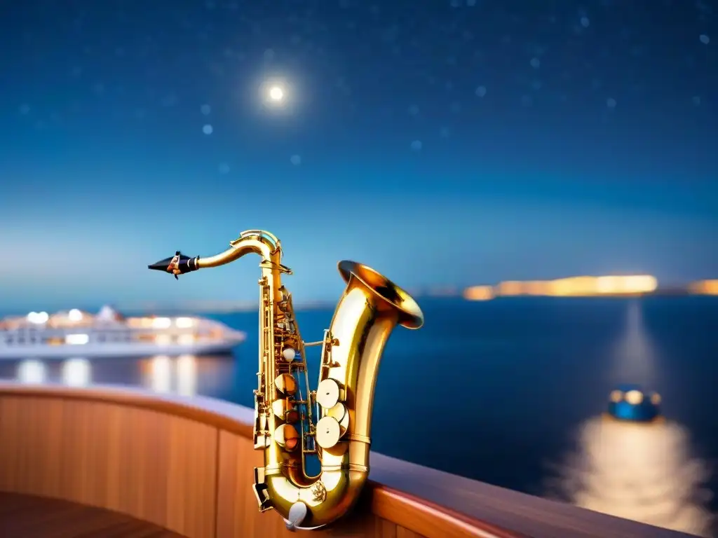 Veladas musicales en cruceros: un saxofón brillante bajo la luz de la luna en la cubierta de un lujoso barco, con el cielo estrellado de fondo