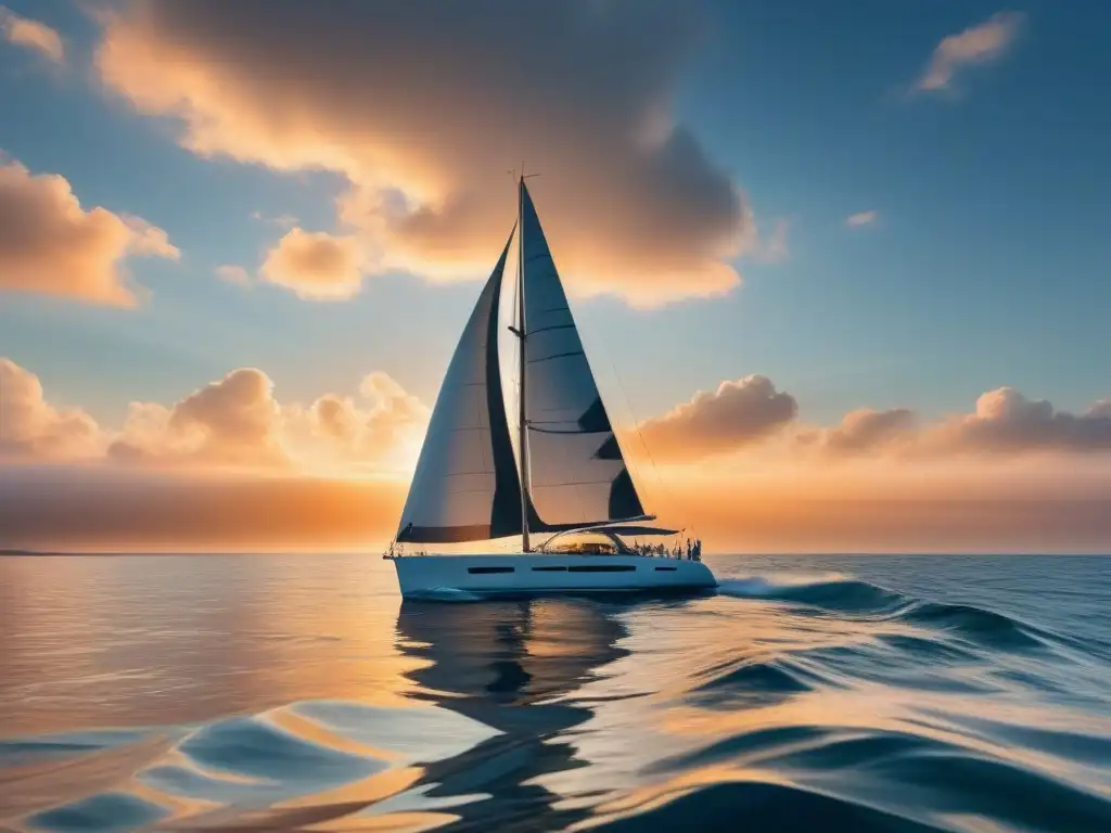 Una velera minimalista corta aguas cristalinas al atardecer, exudando tranquilidad y aventura marítima local