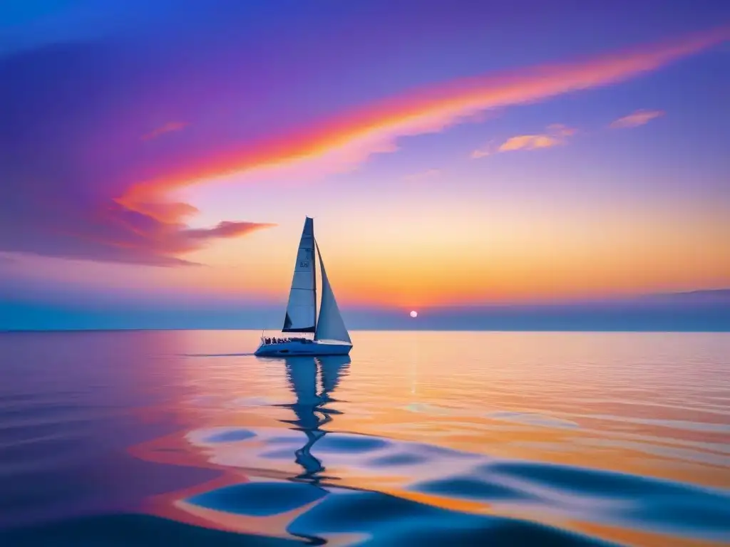 Un velero navegando en aguas cristalinas al atardecer, con delfines saltando