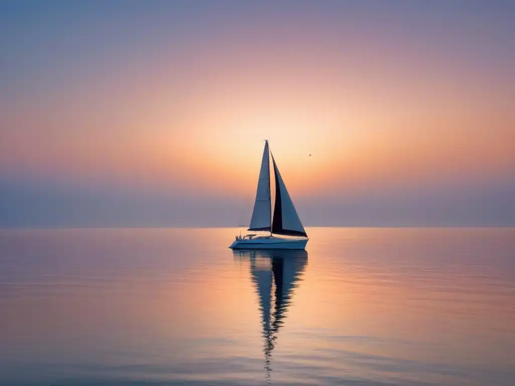 Un velero navegando en aguas serenas al amanecer, reflejando el cielo pastel