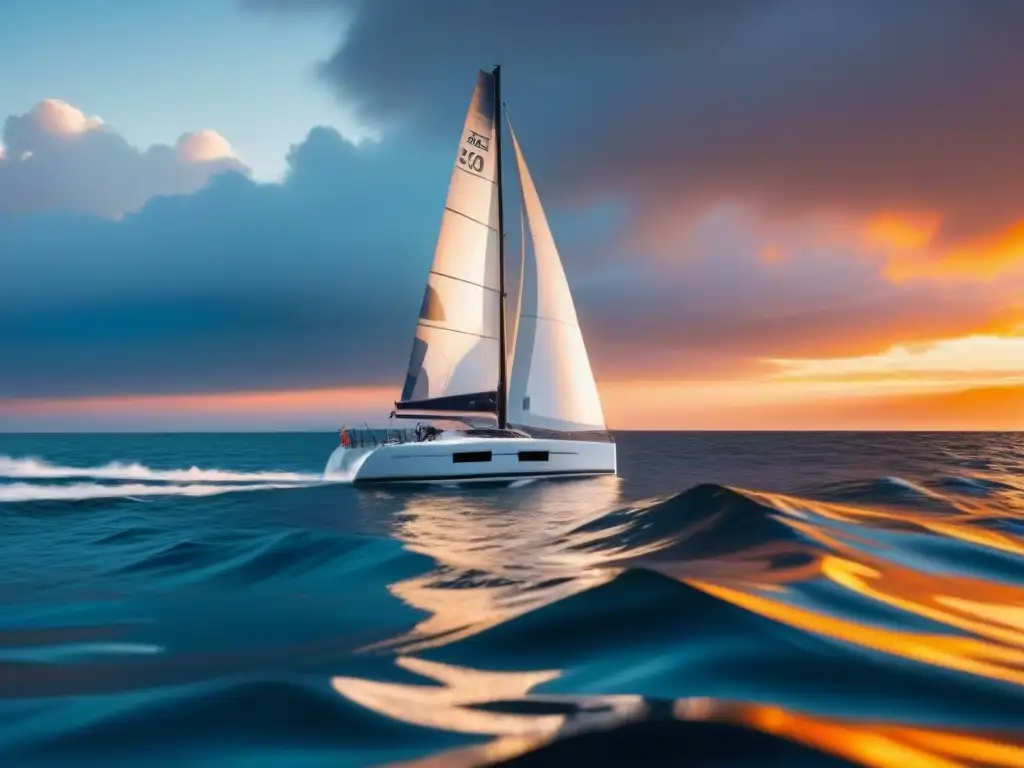 Velero de alta competición surcando aguas cristalinas al atardecer