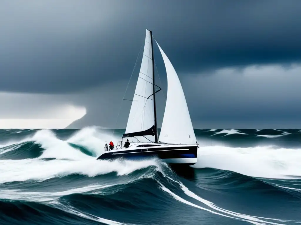 Un velero de alta tecnología desafiando el mar en una tormenta dramática