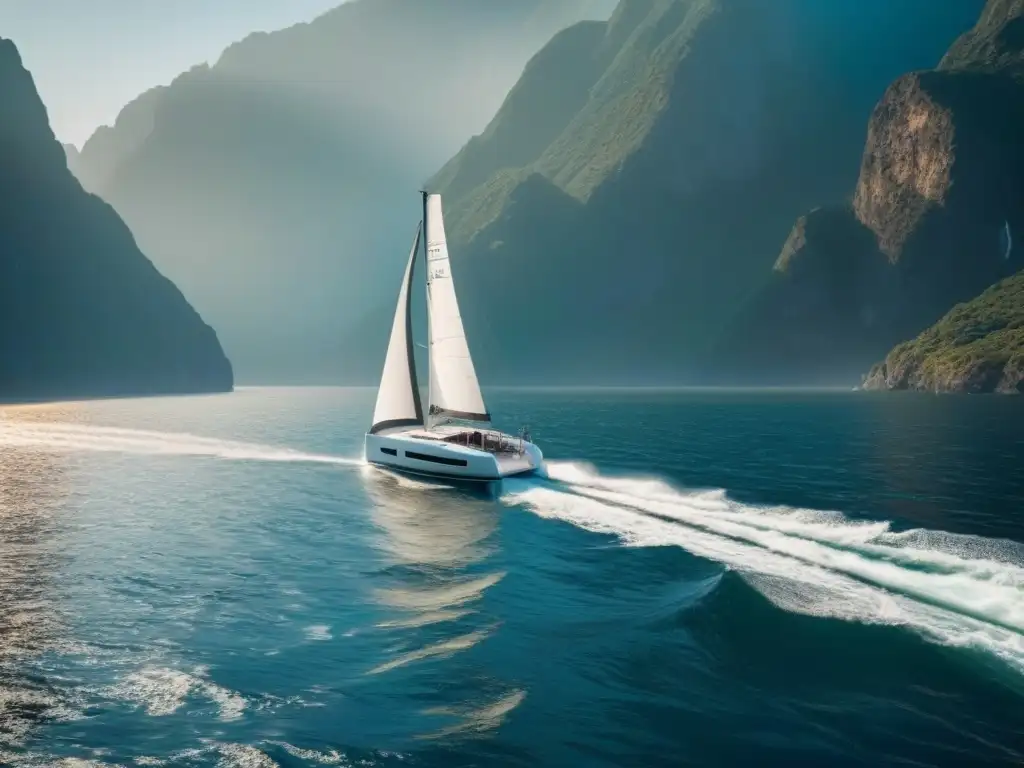 Un velero de alto rendimiento corta el agua con precisión y velocidad, evocando competición y eficiencia en el equipamiento barco regata