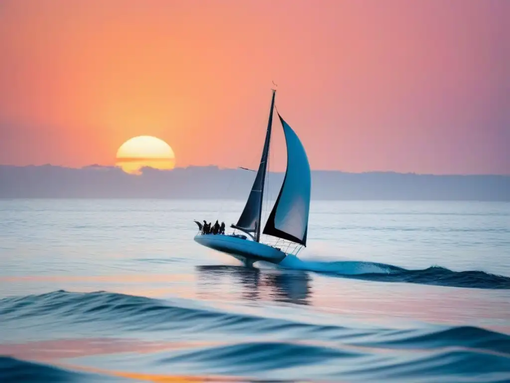 Un velero en armonía con delfines en un océano cristalino al atardecer, invitando a la conservación marina oceánica