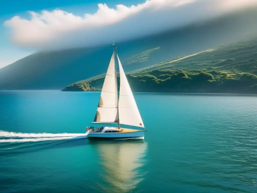 Un velero blanco navegando en aguas tranquilas, rodeado de colinas verdes