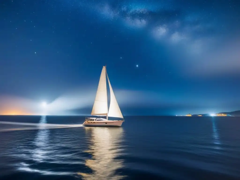 Un velero blanco navegando suavemente bajo un cielo estrellado en regatas nocturnas en cruceros