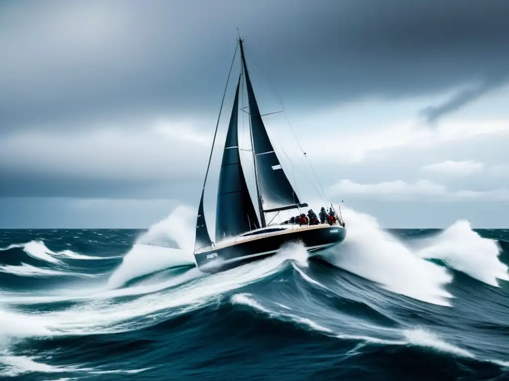 Un velero de carreras luchando en olas turbulentas bajo un cielo dramático, resaltando los desafíos en regatas oceánicas marítimas