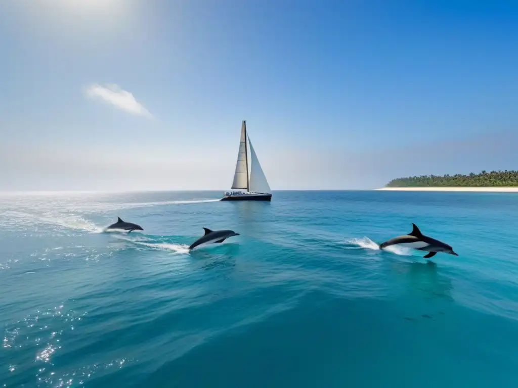 Un velero ecofriendly navegando en aguas cristalinas, rodeado de delfines