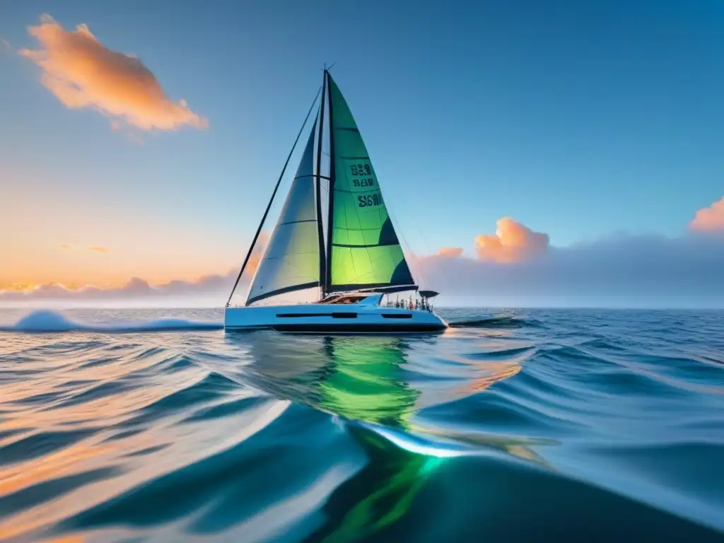 Un velero ecológico corta aguas cristalinas al atardecer con delfines juguetones