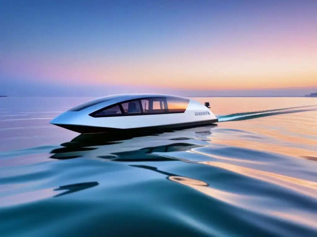 Un velero eléctrico elegante surcando aguas serenas al atardecer, simbolizando la propulsión eléctrica en turismo marítimo