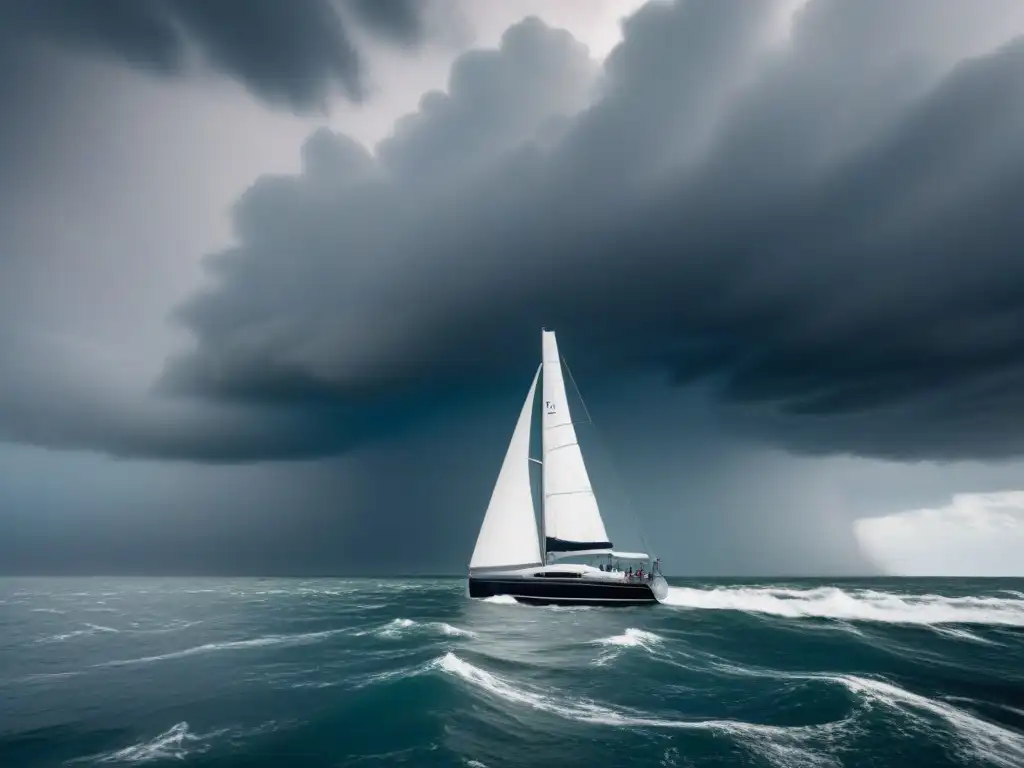 Un velero elegante surca aguas agitadas bajo nubes tormentosas