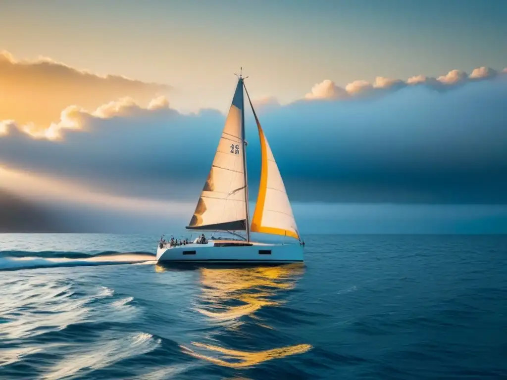 Un velero elegante cortando aguas calmas al atardecer, reflectando un aura de tranquilidad