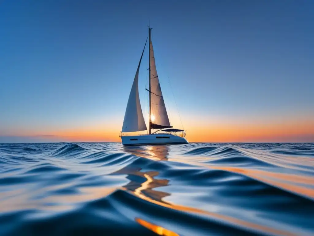 Un velero elegante surca aguas cristalinas, con velas blancas ondeando al viento contra un atardecer naranja vibrante