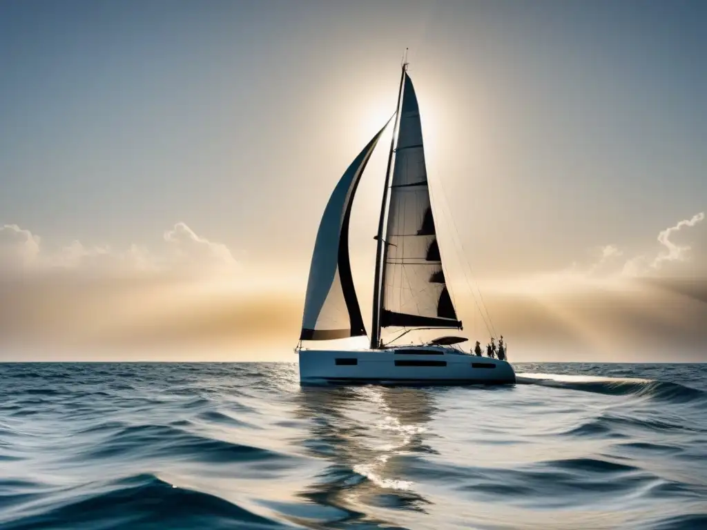 Un velero elegante surca aguas cristalinas al atardecer, creando una escena detallada que inspira historias regatistas marítimas