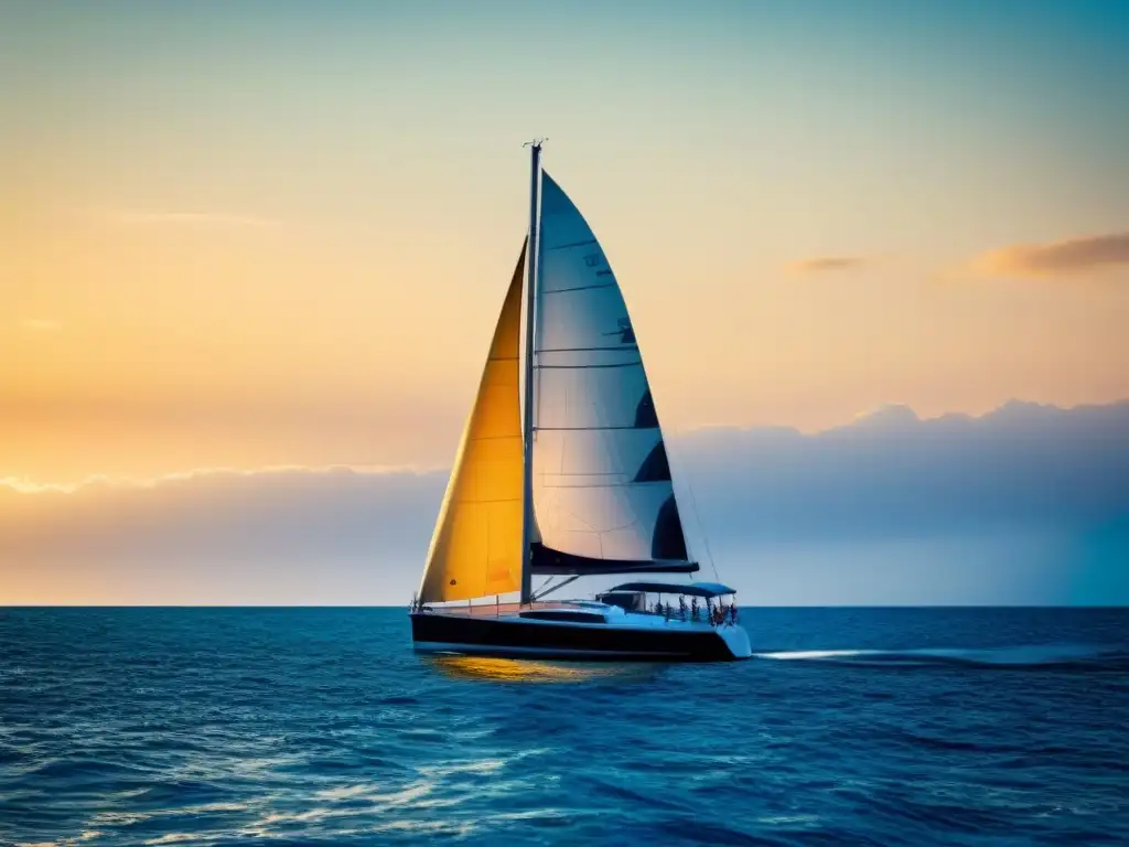 Un velero elegante navegando en aguas cristalinas al atardecer, reflejando la pasión por la conservación marina oceánica