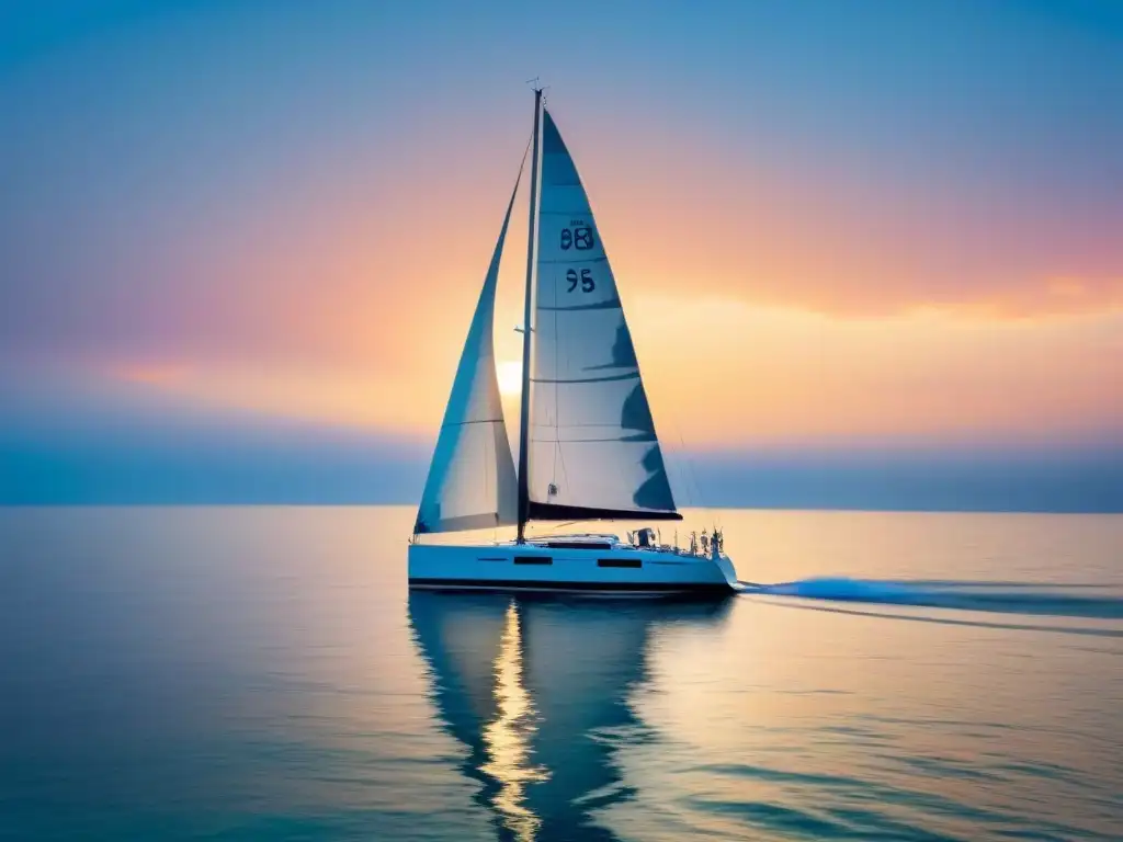 Un velero elegante surca aguas cristalinas al atardecer, creando armonía entre naturaleza y artesanía humana