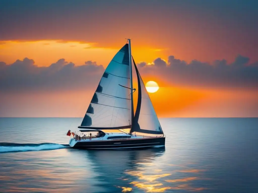 Un velero elegante en aguas cristalinas al atardecer