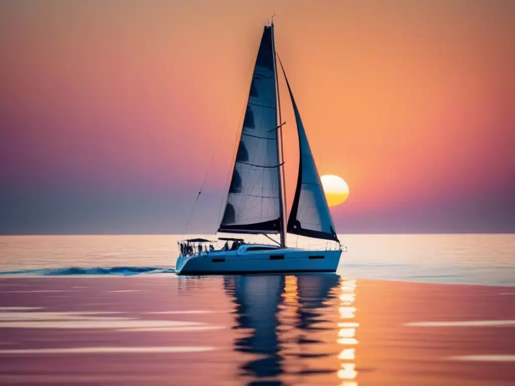 Un velero elegante surca aguas cristalinas al atardecer, con la intrincada aparejación de las velas en foco