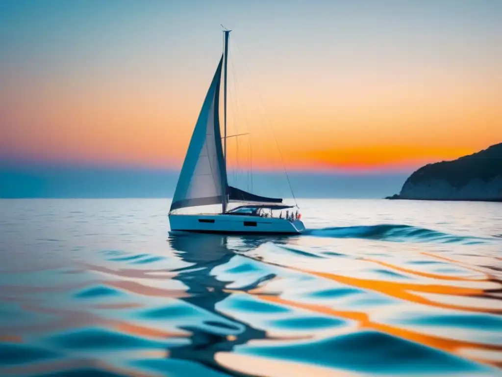 Un velero elegante surca aguas cristalinas al atardecer, transmitiendo tranquilidad y aventura