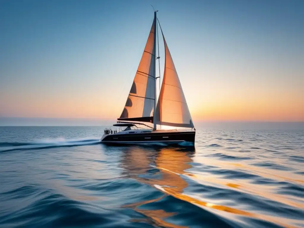 Un velero elegante surcando aguas cristalinas al atardecer con equipamiento esencial para vela