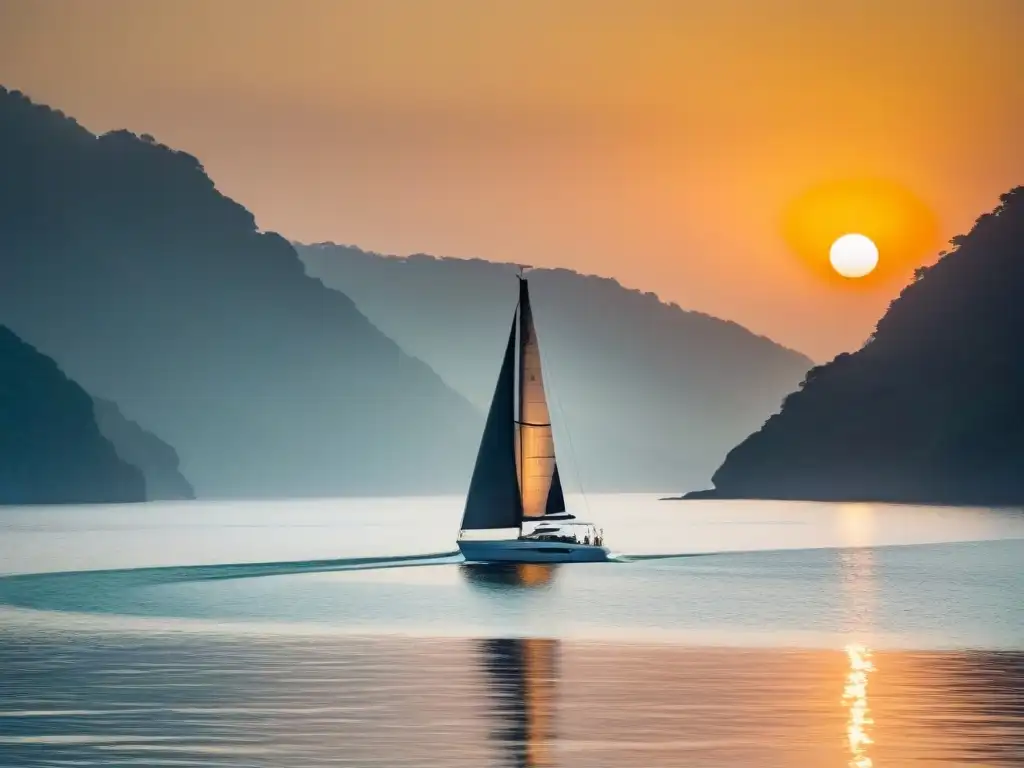 Un velero elegante surca aguas tranquilas al atardecer, transmitiendo calma y seguridad en la navegación a vela