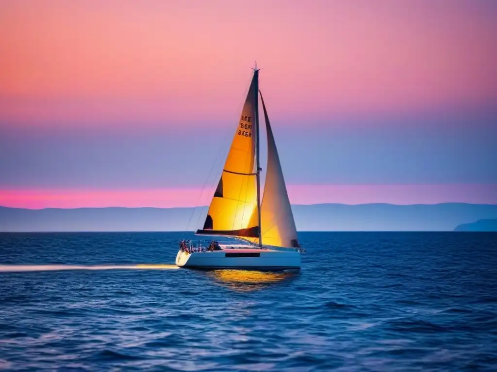 Un velero elegante surcando aguas tranquilas al atardecer, con tonos naranjas y rosados reflejados en el mar