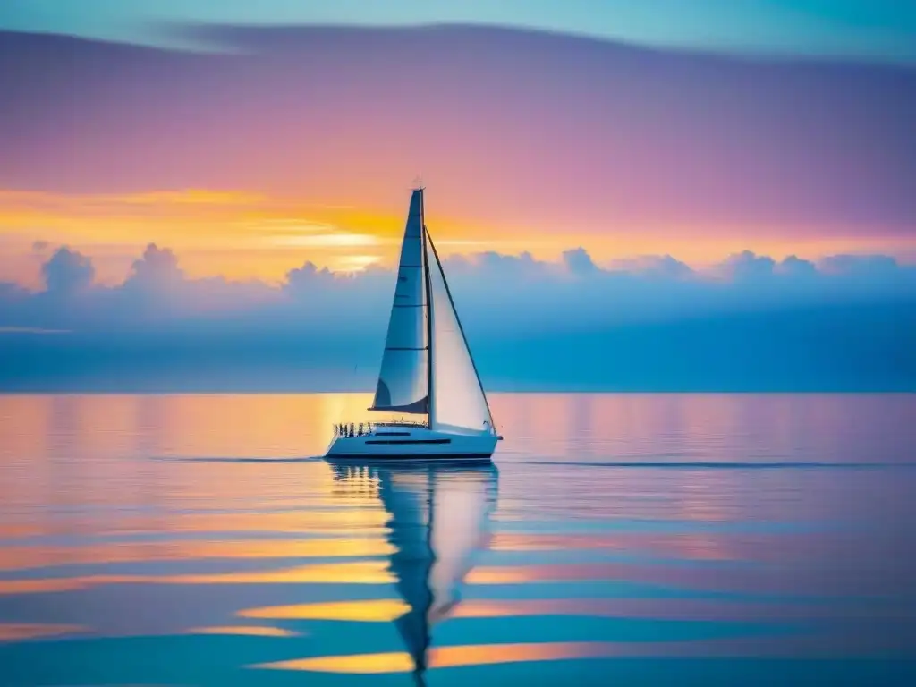 Un velero elegante navega en aguas tranquilas al atardecer, reflejando el cielo colorido