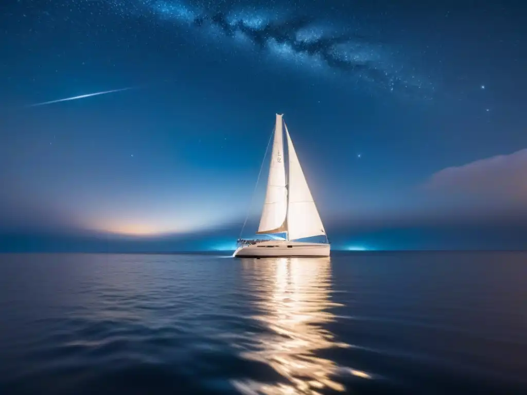 Un velero elegante surca aguas tranquilas bajo un cielo estrellado, reflejando constelaciones, en regatas nocturnas en cruceros