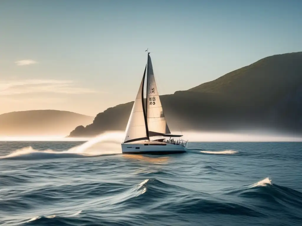 Un velero elegante surca aguas tranquilas con un navegante enfocado y determinado, rodeado de símbolos motivacionales