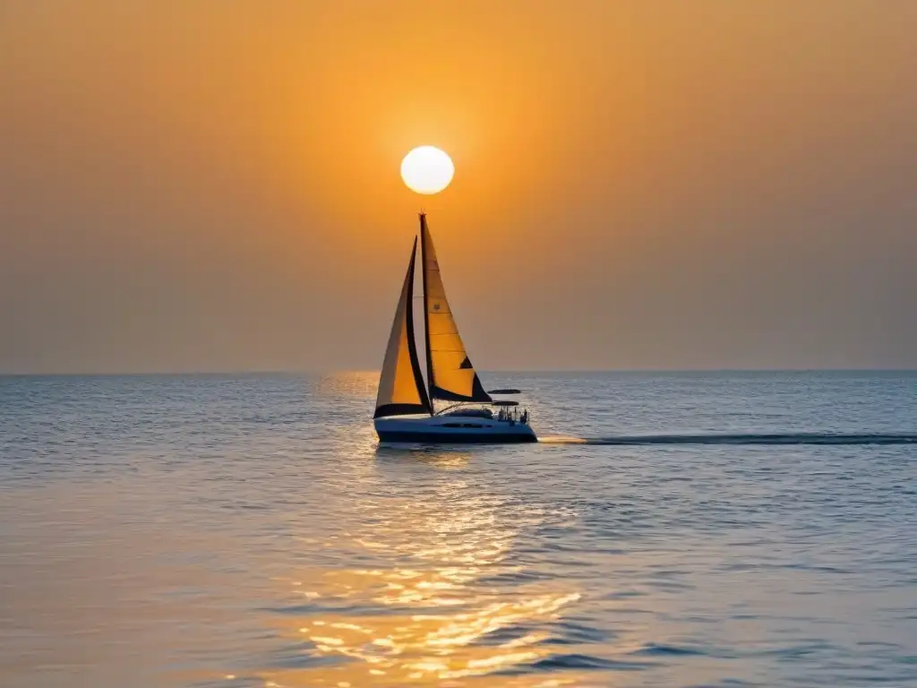 Un velero elegante surcando aguas tranquilas al atardecer, transmitiendo motivación en regatas marítimas