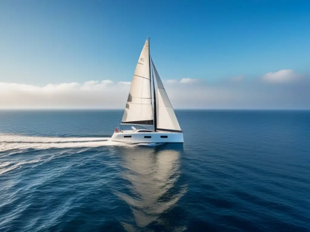 Un velero elegante surcando aguas tranquilas bajo un cielo azul, reflejando la luz del sol