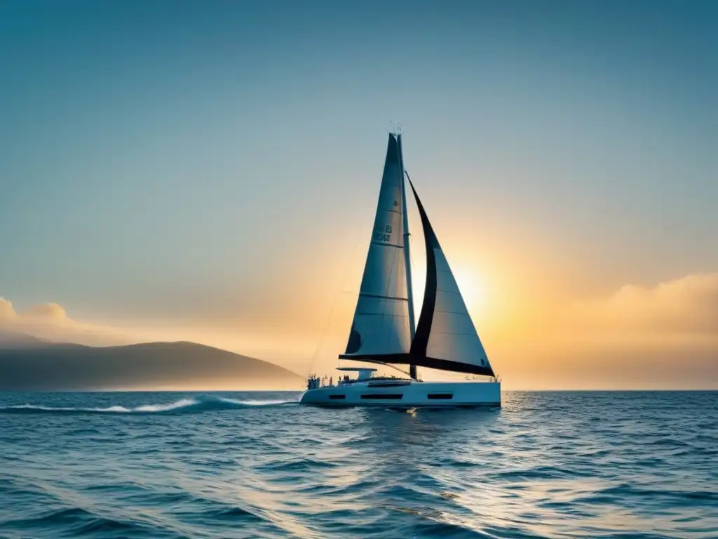 Un velero elegante navegando en aguas turquesas al atardecer