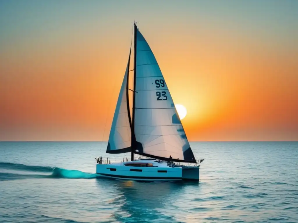 Un velero elegante cortando aguas turquesas con puesta de sol naranja