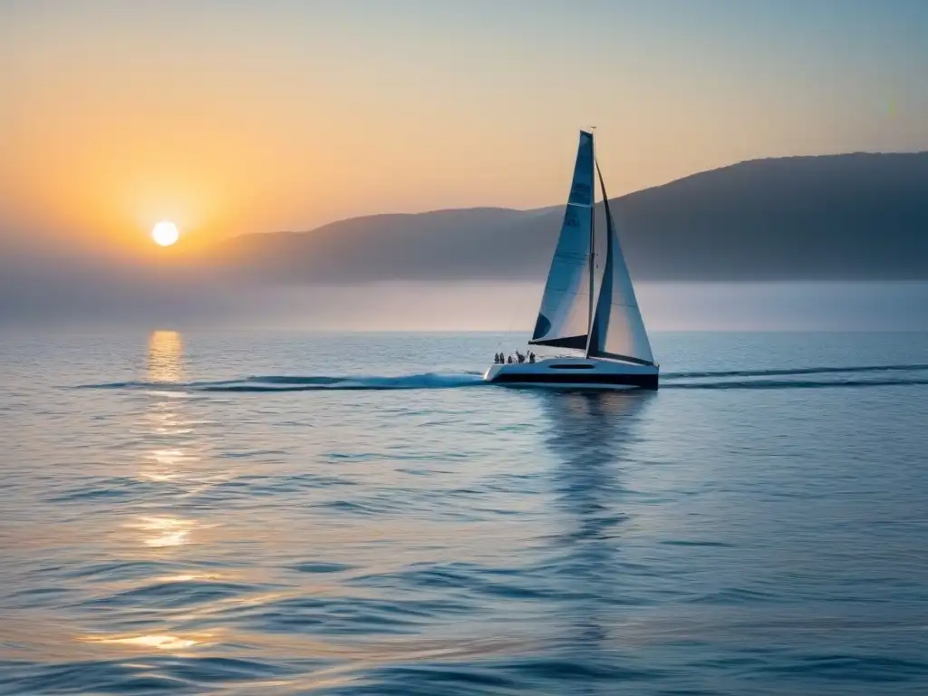 Un velero elegante navegando al atardecer en aguas tranquilas, listo para las regatas de veleros participativas