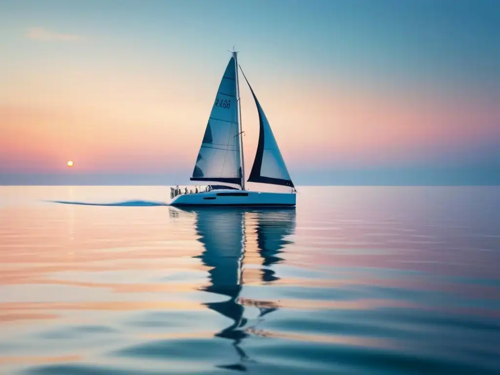 Un velero elegante navega con calma en un mar tranquilo al atardecer, transmitiendo paz y libertad