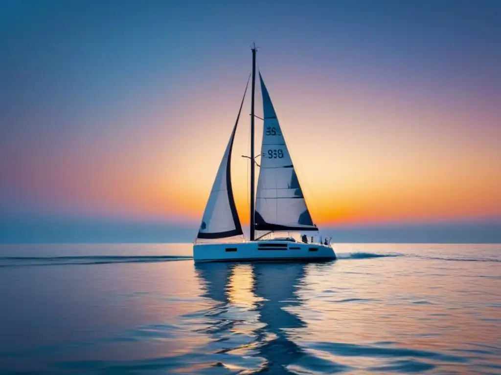 Un velero elegante navega bajo un cielo vibrante al atardecer, reflejando tranquilidad y elegancia, ideal para cursos de navegación en cruceros