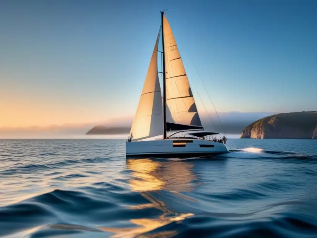 Un velero elegante corta las aguas al amanecer, con luz dorada en las velas, creando una atmósfera serena y reflexiva