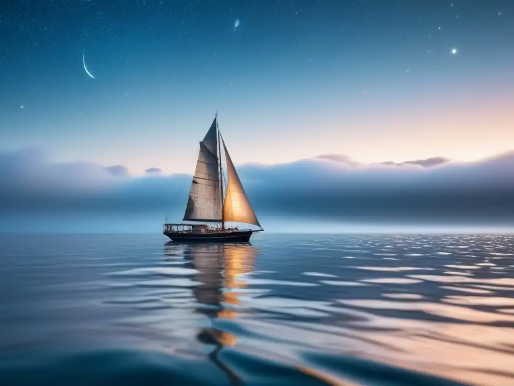 Un velero elegante navega bajo las estrellas en un mar sereno, evocando la Navegación marítima sostenible ancestral