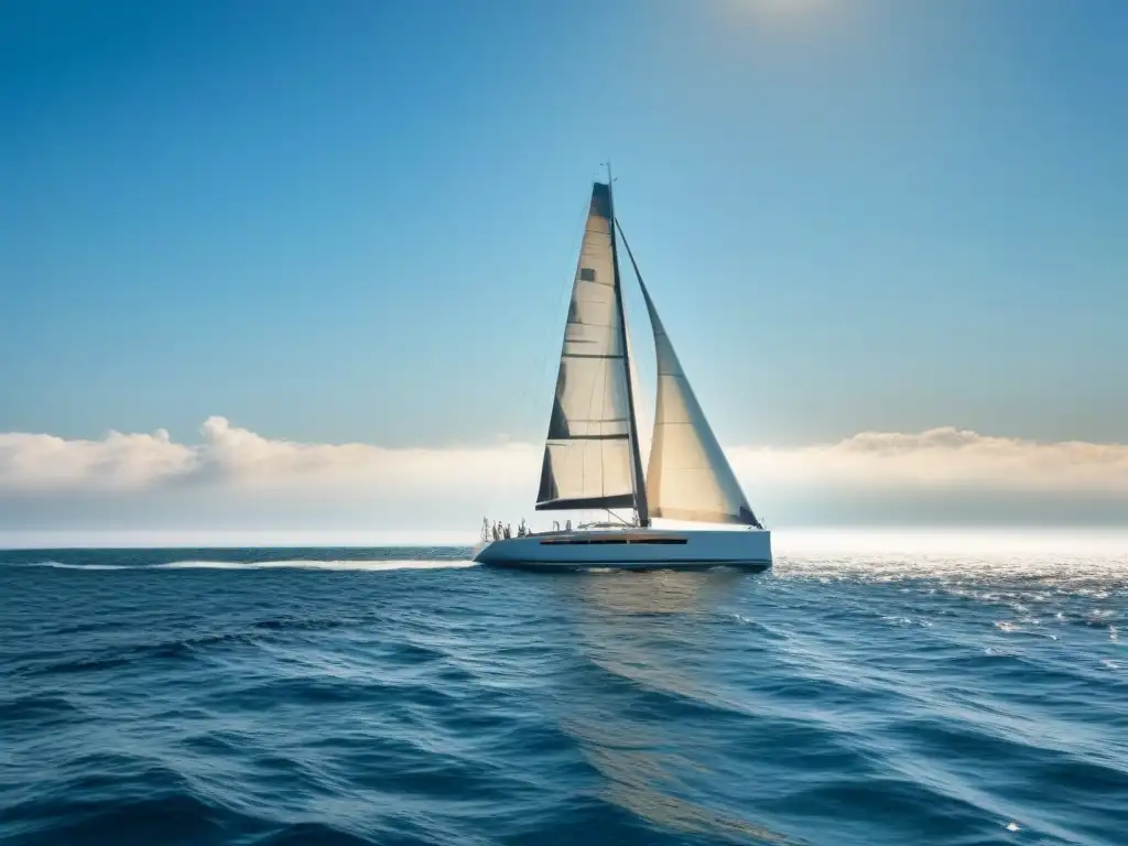 Un velero elegante navega con gracia en aguas cristalinas y serenas, bajo un cielo despejado