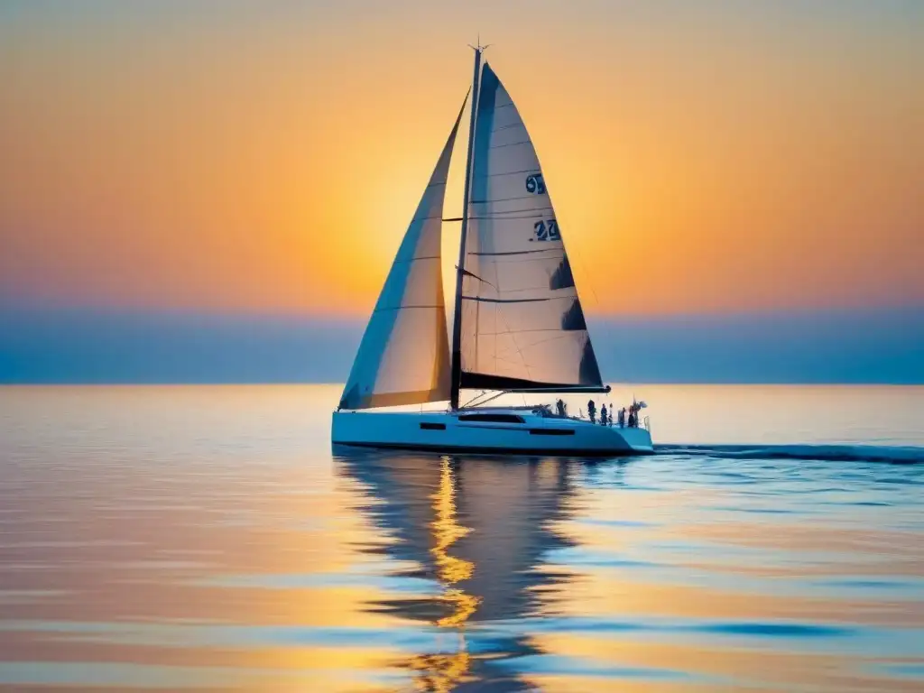 Un velero elegante navega con gracia en aguas tranquilas al atardecer, ideal para los mejores cursos de navegación para principiantes